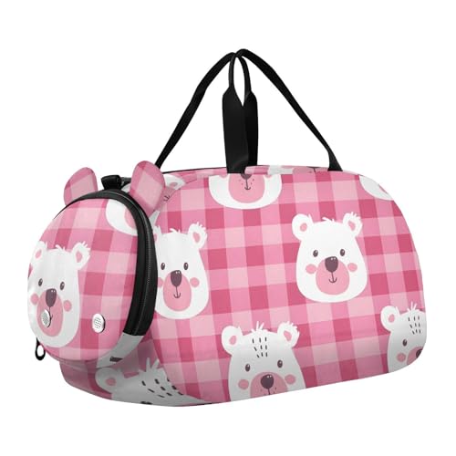 Duffle Bag Kids Gym Bag with Shoes Compartment & Wet Separation Overnight Travel Duffel Bag Pink Checkered with A Bear's Face for Girl Boy