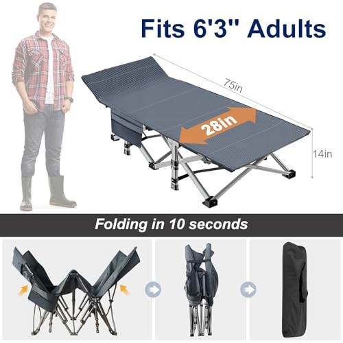 ABORON Camping Cot for Adult 28" Extra Wide, Heavy-Duty 1200D Oxford Cot for Sleeping, Portable Folding Camp Bed with Mat & Carry Bag
