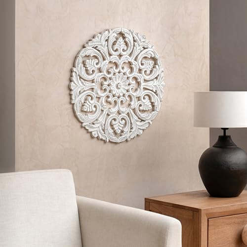 Image of JFY Designs Blasius Hand Carved Wood Medallion Wall Panels Bedroom Decor | Wall Mount Floral Sculpture Wall Art for Living Room, Bedroom Set, White Distressed Finish, Round 24 x 24 inch