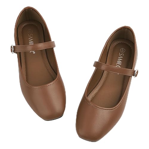 Samilor Mary Jane Shoes Women Flats: Square Toe Ballet Flats - PU Upper & Soft Foldable Rubber Sole Flat Shoes for Women Comfortable Dressy