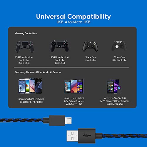 Talk Works Micro Usb Controller Charger Cable For Playstation 4-6-Foot Long Braided Heavy-Duty Fast Charger Cord For Ps4, Blue-Black (3 Pack) #TOP5