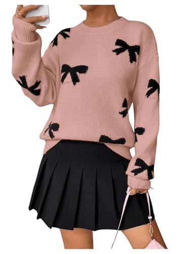 Pinclodly Bow Sweater Women Long Sleeve Crewneck Cute Sweaters Casual