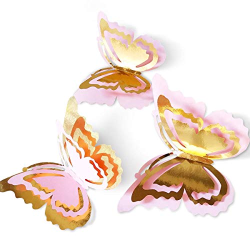 Pinkblume Gold And Pink Butterfly Decorations Stickers 3D Butterfies Wall Decor Diy Home Decorations Removable Wall Decals Murals For Home Living Room Babys Bedroom Showcase Nursery Art Decor (27Pcs) #TOP2