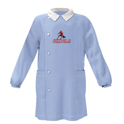 D&Vlab Grembiule Scuola Materna Asilo Infanzia Bimbo Bambino a quadretti Azzurri con Bottoni Personalizzato con nome Personaggio Uomo Spider, Made in Italy, 3 4 5 6 7 Anni