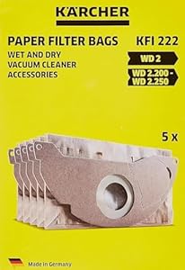Kärcher Original Paper Filter Bags KFI 222: 5 pieces, 2-play, custom-fit for Kärcher Wet and Dry Vacuum Cleaners WD 2, MV 2, WD 2.200 to WD 2.550, SKU 6.904-332.0
