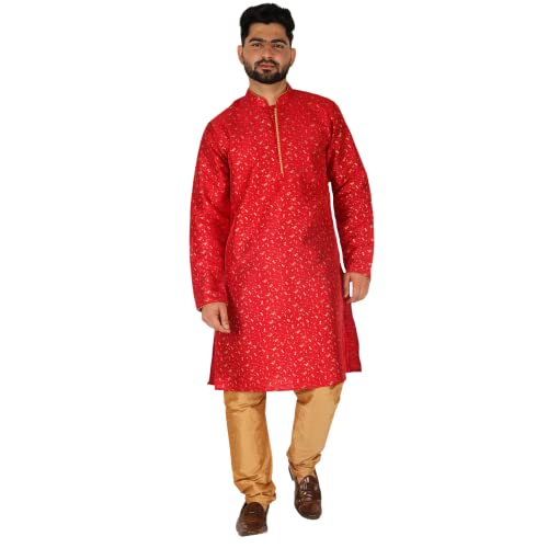 Men Kurta Set Indian Wedding Dress Silk Floral Print A-111