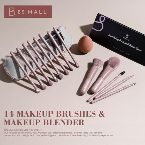 Image of BS-MALL 14 Pcs Makeup Brushes Set with 1 Pcs Makeup Sponge - Essential Foundation Powder Concealers, Eye Shadows, Blush Makeup Brushes with Travel Makeup Case (Brown)