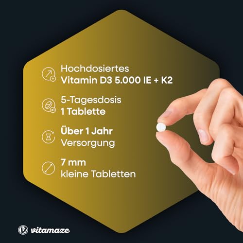 Vitamin D3 K2 5000 IE mit Vitamin K2 MK7 All Trans Form, 2+ Jahre Vorrat, 180 Tabletten Vitamin D ohne unnötige Zusatzstoffe, in Deutschland hergestellt 2
