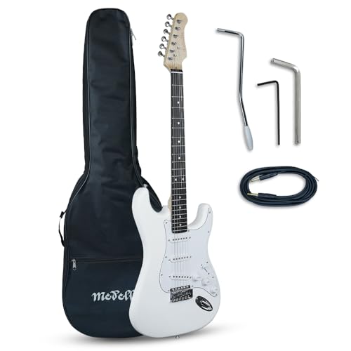 Image of Medellin MDE1WH 38 inch ST-Style Electric Guitar | Linden Wood Body | Maple Neck | SSS Single-Coil Pickups | 5-Way Switch | Tremolo Bridge | Gig Bag + Learning Course | White