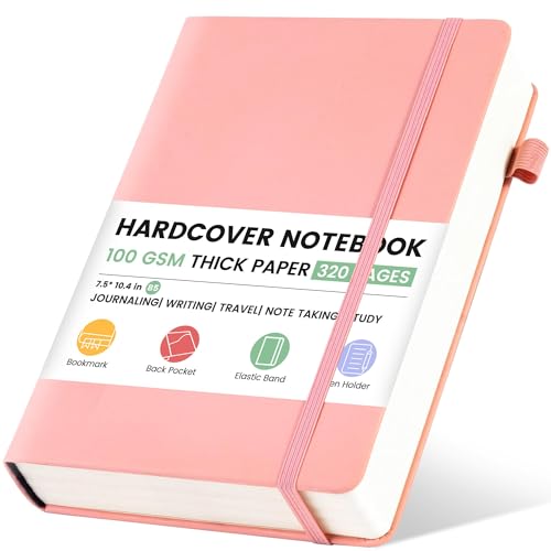 CAGIE Lined Journal Notebook, 320 Pages College Ruled Notebook, 100 Gsm Paper Thick Journal, B5 Hardcover Leather Journals for Writing Women, 7.6x10 In, Pink