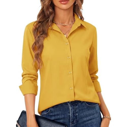 BBIBBI Regular, Petite & Tall XS-6XL Women's Stretch Long Sleeve Button Down Dress Shirts Solid Business Casual Work Blouse X-Small 00055_mustard Yellow