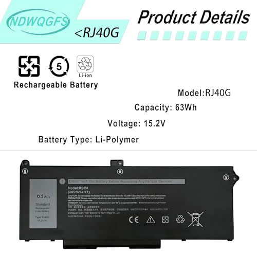 Image of RJ40G 63Wh Laptop Battery Replacement for Dell Latitude 15 5520 Latitude 14 5420 Precision 15 3560 for WY9DX P137G P104F 1K2CF 075X16 0WK3F1 P104F001 P104F002 075X16 1K2CF 0M3KCN 005R42 M033W
