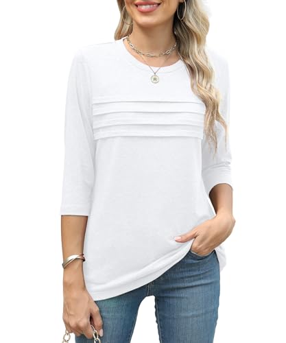 JomeDesign 3/4 Length Sleeve Womens Tops Round Neck Casual Tunic Tops Pleated Shirts Dressy2