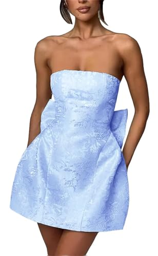 Jacquard Satin Strapless Homecoming Dresses for Teens A-Line Short Prom Cocktail Party Mini Dress with Bow