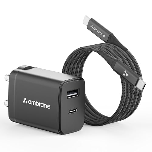 Ambrane 30W Dual Port GaN Charger, USB & Type C Fast Charging Ada...