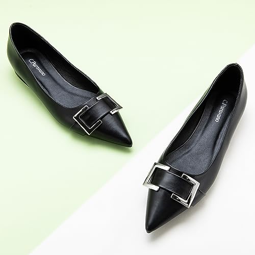 C.Paravano Women's Pointed Toe Flats | Soft Leather Ballet Shoes with Square Buckle | Comfortable Slip On Work Shoes | Dressy Flats for Office, Travel & Daily Wear(Size 11,Black)2
