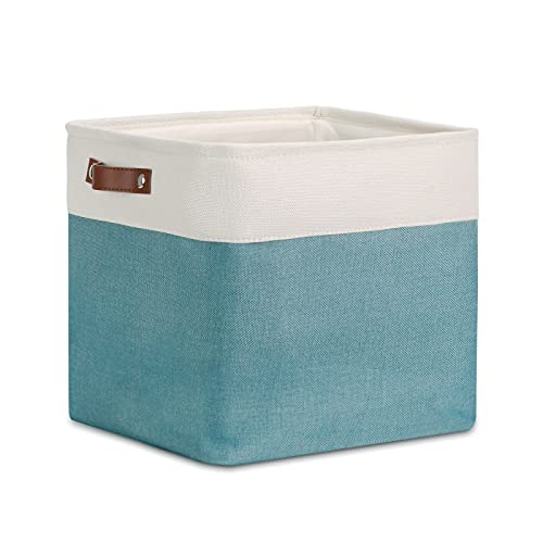 Image of DULLEMELO Cube Basket for Storage, Collapsible Fabric Cube for Organizing, Storage Cube for Closet, Laundry, Nursery, Shelves, Decorative Basket for Gifts Empty (White&Teal)