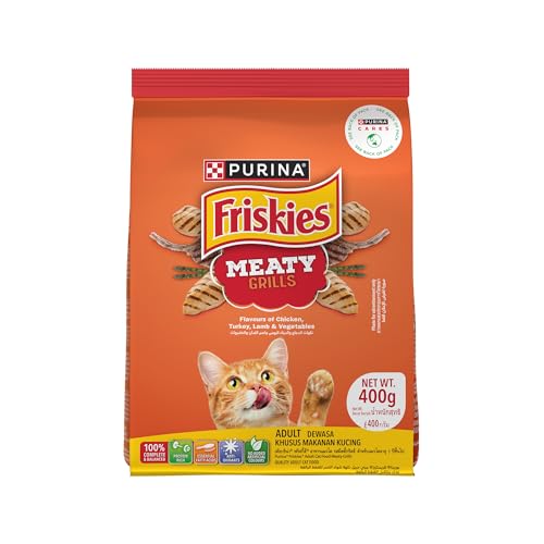 Image of PURINA, Friskies Meaty Grills Adult Dry Cat Food, 400 g, Contains Chicken, Turkey, Lamb and Vegetables Flavours