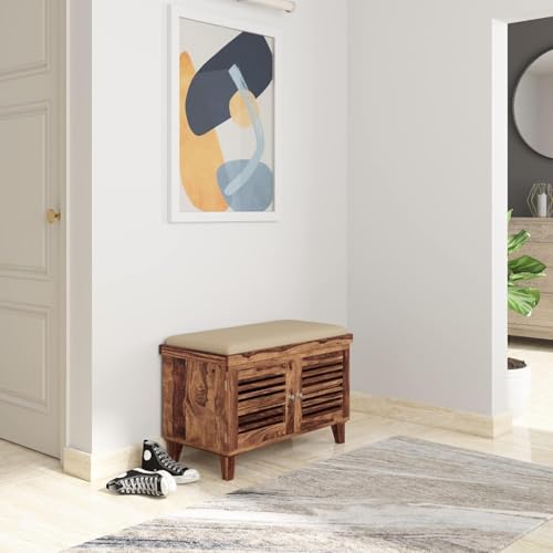 Image of Amazon Brand - Solimo Giljan Solid Sheesham Wood Shoe Storage Cabinet with Seating Bench, Natural Finish, 2 Doors