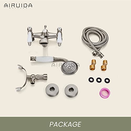 Airuida Brushed Nickel Wall Mount Bathtub Filler Tub Shower Faucet With Ceramic Handheld Shower Sprayer Double Ceramic Lever Handles Bathroom Shower Faucet Set System Telephone Shape Vintage Style #TOP7