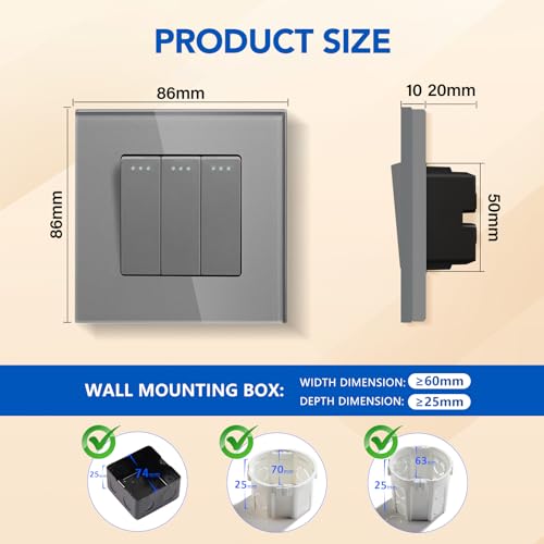BSEED Lichtschalter 3 Fach 2 Weg Glas Lichtschalter Unterputz Taste Schalter Wechselschalter Grau Kristall Kippschalter