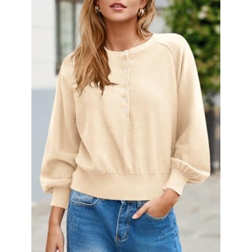Womens Button Crew Neck Sweater Fall Long Sleeve Henley Shirts Trendy Loose Knit Pullover Tops, Lantern Sleeve Sweater2