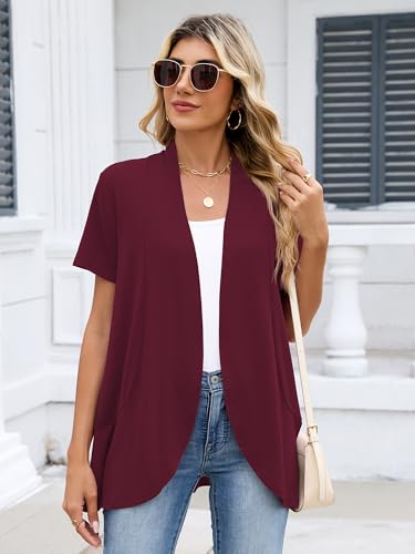 DEARCASE Women's Short Sleeve Summer Draped Cardigan, Burgundy, Large — view 2