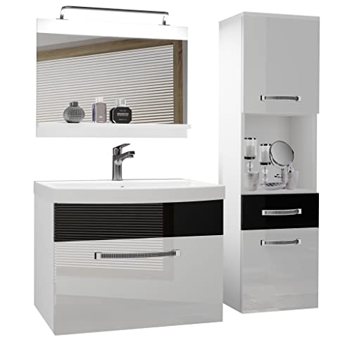 BELINI Meuble de Salle de Bain | Lavabo Inclus, Meuble sous-Vasque, Miroir et Cabinet Haut | Largeur: 100 cm | Kit d'éclairage Inclus | Couleur : Blanc très...