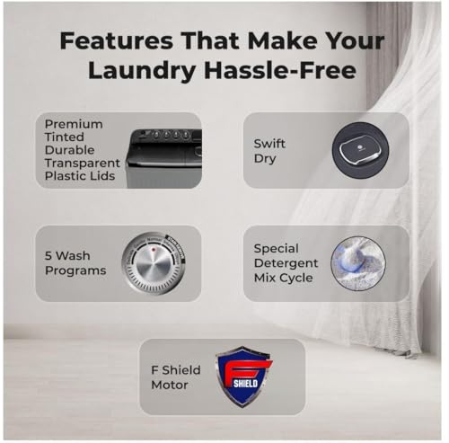 Image of Lloyd Aria 9 kg 5 Star Semi Automatic Top Load Washing Machine |1400 RPM | Detergent Storage Zone | 5 Wash Programs | Swift Dry | Magic Filter, GLWS905ARHVG, Dark Grey with Smoke Grey Lids)