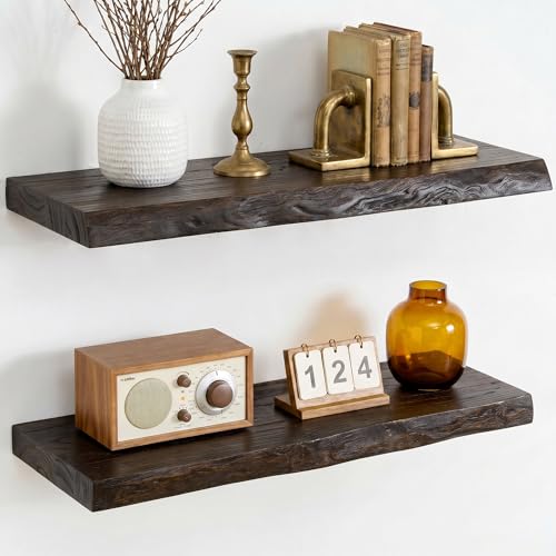 Image of Dreamland 24 Inch Floating Shelves, Rustic Elm Wood Live Edge Wall Shelf for Home Decor, 8 Inch Deep Floating Shelf for Wall, 24 x 8 Bathroom Shelves Set of 2, Walnut Color