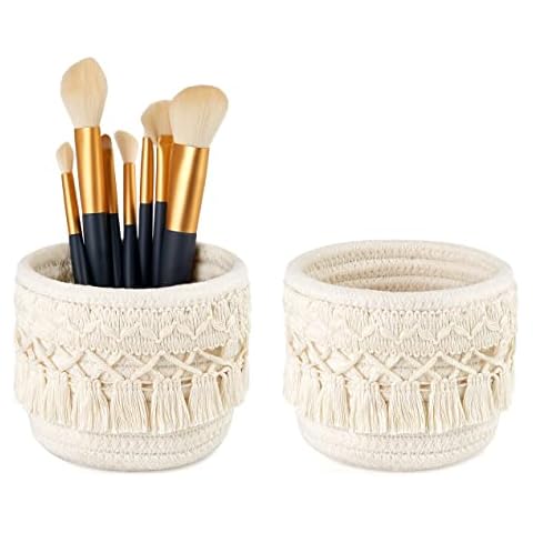 Mkono Macrame Makeup Brush Holder Organizer Comb Brushes Mini Storage Basket Set of 2 Boho Decor Baskets for Pen Pencil Box Container ,Ivory Cover