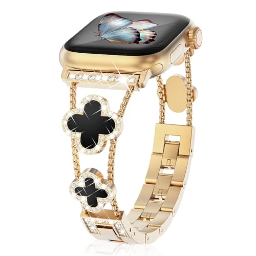 Image of ZORBES Bling Diamond Band Compatible with Apple Watch Bands for Women 40mm 41mm 38mm 42mm Series 11 10 9 8 7 6 5 4 SE 3 2 1, Sparkle Metal Bracelet Wristband, Cute Lucky Clover Dressy for iWatch Band