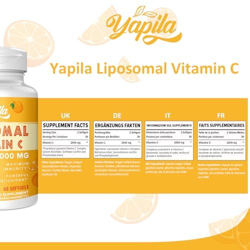 Liposomale Vitamin C Kapseln 2000mg, Maximale Absorption, Hochdosiertes Vit C, Ascorbinsäure, Antioxidantien-Ergänzung, Non-GMO, Soja-frei