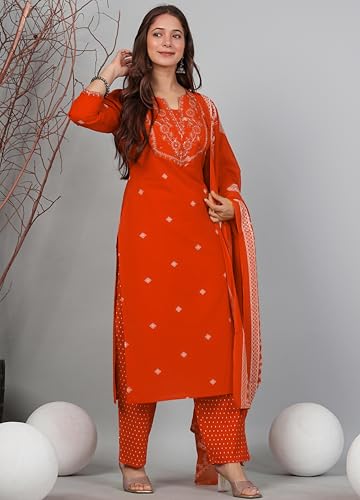 Image of Amayra Women's Pure Cotton Embroidered Straight Kurta Set with Palazzo Pants & Dupatta- Ethnic Wear