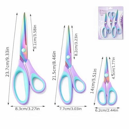 Image of Scissors Set with Titanium Coated Stainless Steel Blades | Set of 3 | Multi-Color Scissors with Soft Grip Handles for Paper, Fabric, Ribbon, Crafting, Office, School & Home Use