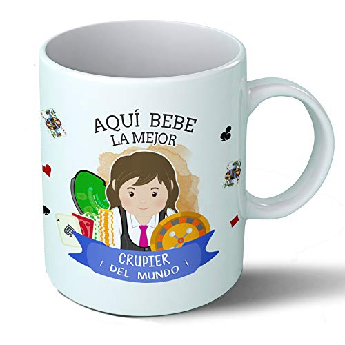 Planetacase Taza Desayuno Aquí Bebe la Mejor crupier Croupier del Mundo Regalo Original Casino Ceramica 330 mL