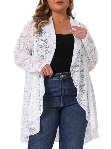 Agnes Orinda Plus Size Lace Cardigan for Women Ruffle Cardigans Open Front Long Sleeve Sheer Lace Crochet Cover Up2