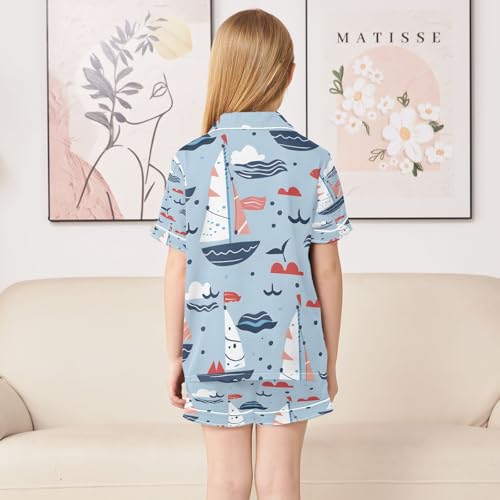senya Pajama Sets Silky Button Down Nightwear Sleepwear Size 5-14 Years Sailboat Fish4