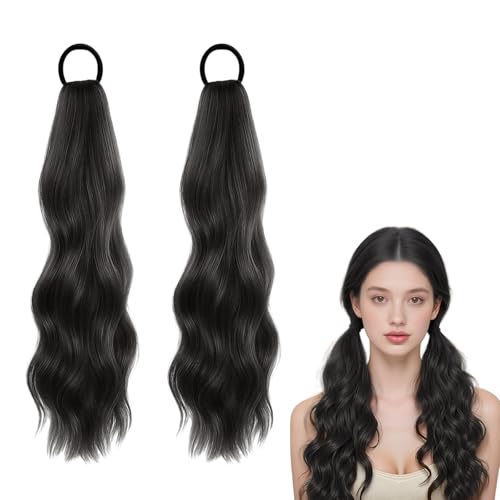 SGQTZDZQ 2 Pcs Ponytail Extension Human Hair, Wavy Pony Tail Extensions, Black Clip in Ponytail Hair Extensions Hairpieces for Women (Natural black)