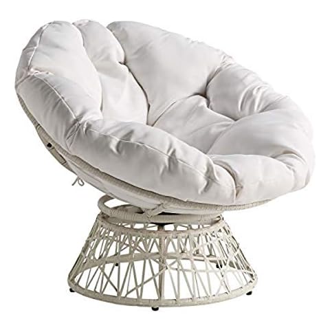 OSP Home Furnishings Wicker Papasan Chair with 360-Degree Swivel, White Frame with White Cushion Cover
