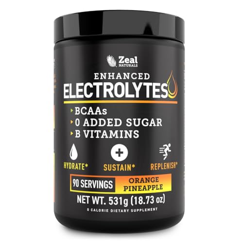 Zeal Electrolyte Powder - 90 Servings | Keto Electrolytes Powder | Zero Sugar, BCAAs, B-Vitamins | Potassium, Zinc, Magnesium | Hydration Powder Recovery Drink | Orange Pineapple