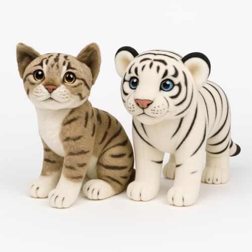 Image of Tiger & Tabby Cat Plush Toys Combo ? 25cm White Tiger & 30cm Tabby Cat | Soft Stuffed Jungle & Pet Animal Toys for Kids | Realistic Cuddly Plush Dolls | Gift for Boys & Girls