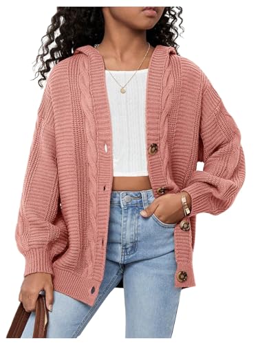 Girl's Hooded Cardigan Sweaters Button Down Long Sleeve Knit Outerwear