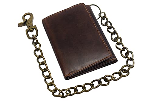 RFID Blocking Men's Tri-fold Vintage Biker Vintage Buffalo Leather Steel Chain Wallet Snap closure (Brown)3