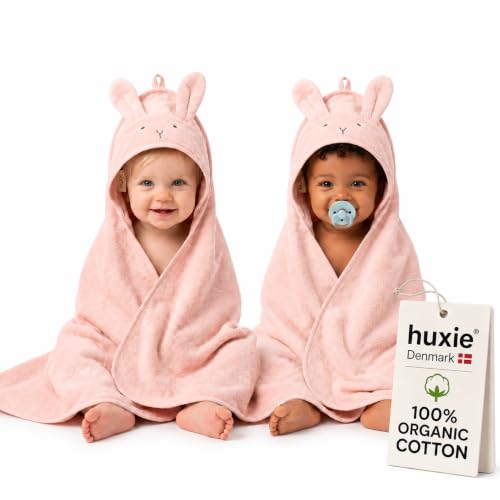 Image of Huxie Hooded Baby Bath Towels, 100% Organic Cotton, 32"x32" 2-Pack | GOTS-certified, highly absorbent & quick-dry, snug hood from newborn to toddler, gentle baby gift (Rabbit - Blush)