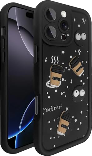 Image of SHINESTAR Back Cover for iPhone 16 Pro Max - 3D Cartoon Coffee & Eyes Design | Soft Silicone Shockproof Case with Full Camera Protection | Cute & Playful Phone Cover - Black