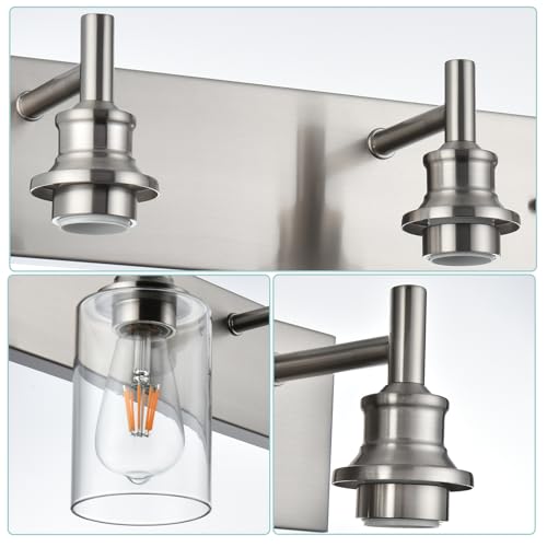 Image of Brushed Nickel 6 Light Bathroom Vanity Lights with Clear Glass Shade, Modern Industrial Bathroom Lighting Fixtures Over Mirror, E26 Vanity Wall Sconces for Bedrom Podwer Room Hallway