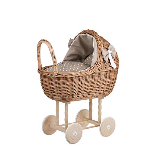 e-wicker24 Alles aus Weide Puppenwagen aus Weide mit Bettwäsche perfekte Geschenkidee Korbpuppenwagen schöner Spielzeug aus Korbgeflecht Korbwagen für Puppen Spielzeug für Mädchen (Natur, Beige)