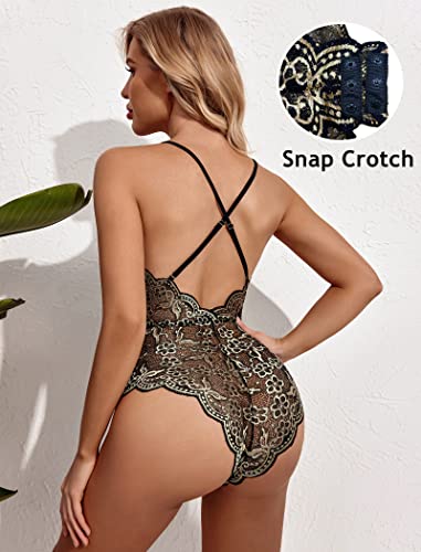 Image of Avidlove Sexy Lingerie for Women Deep V Teddy Sheer Lace Bodysuit Snap Crotch One Piece Babydoll
