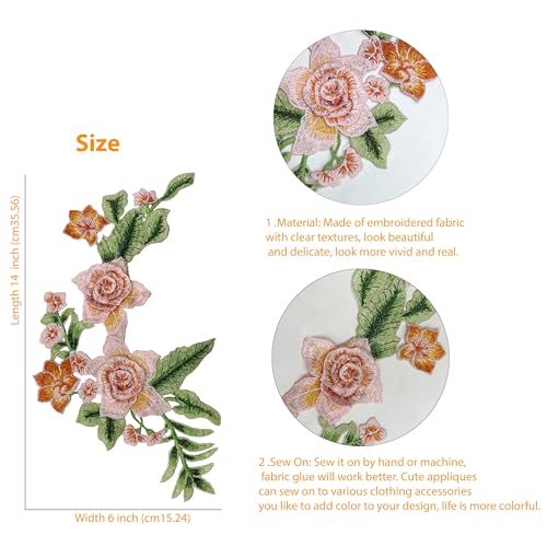 Image of Embroidered Colorful Neckline Design Sewing Neck Applique with, Sew On Patch Neck Applique Dress Motif Applique (Red Rose)